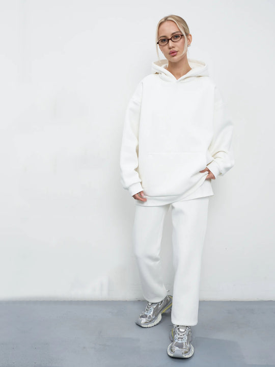 Damen lässiges Kapuzen-Sweatset aus schwerer Baumwollfleece mit Kängurutasche und gerader Jogginghose EB