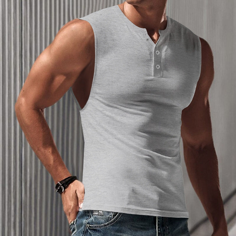 Herren nan ärmelloses Muskelshirt mit Henley-Knopfleiste, tiefem Armausschnitt und elastischem Baumwollmix EB