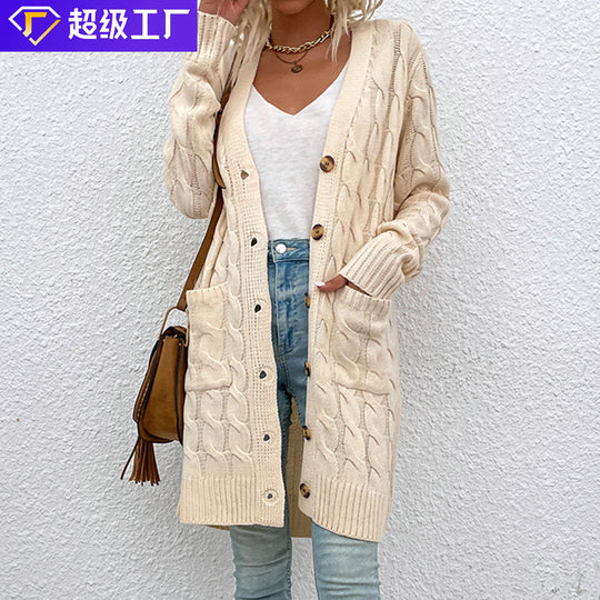 Damen Strickjacke mit tiefem V-Ausschnitt und elegantem Zopfmuster EB