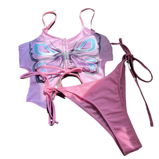 Damen Bikini Top mit Schmetterlingsmuster und passendem Slip EB