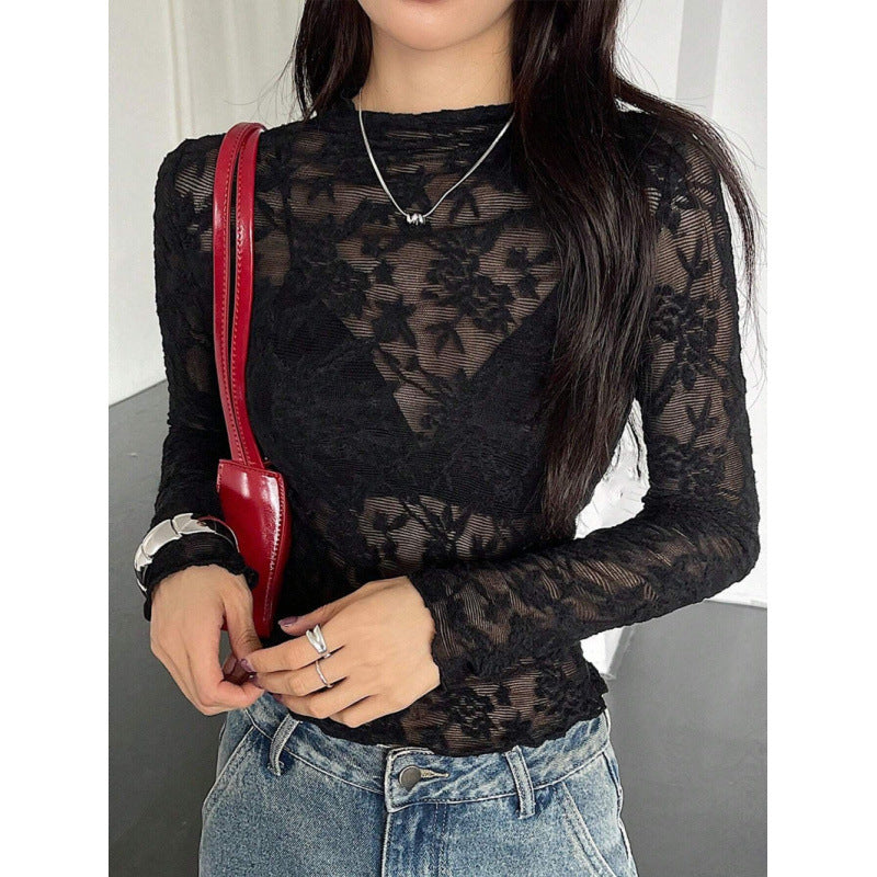 Damen Spitzenoberteil mit elegantem floralem Design und transparenten Ärmeln EB