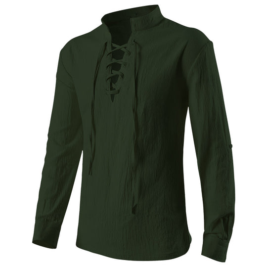 Herren nan lässiges Kurzarmshirt mit geschnürter V-Kehle, kurzem Stehkragen und weichem Baumwollmix Eb