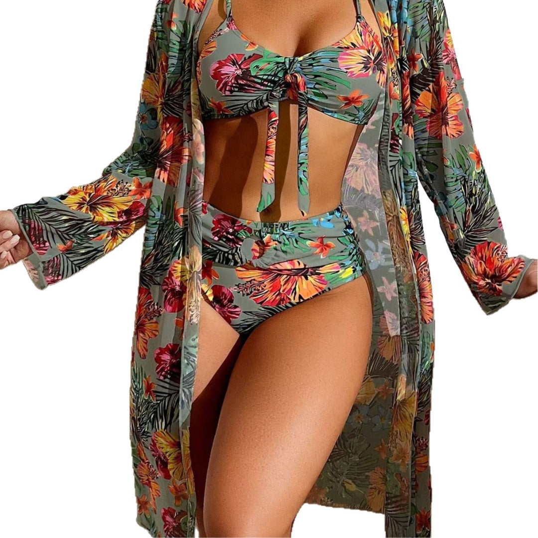 Damen Bikini-Set mit floralen Mustern und luftiger Kimono-Überjacke EB