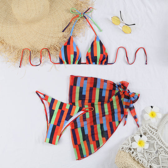 Damen Triangel-Bikini mit modischem Karomuster und praktischer Wickelrobe EB