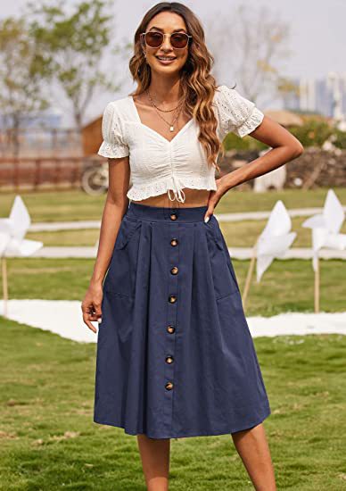 Damen Midi-Rock mit Knopfleiste und praktischen Taschen EB