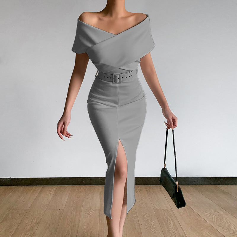 Damen Figurbetontes Abendkleid mit schulterfreiem Design und asymmetrischem Schlitz EB