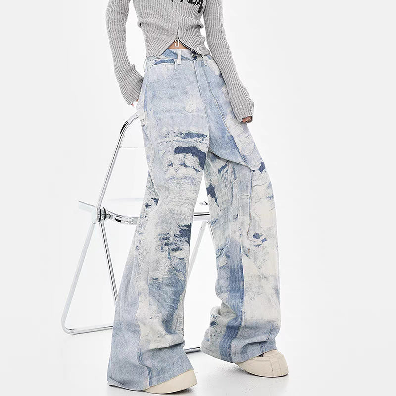 Damen Weite Jeanshose im kreativen Kunstdesign EB