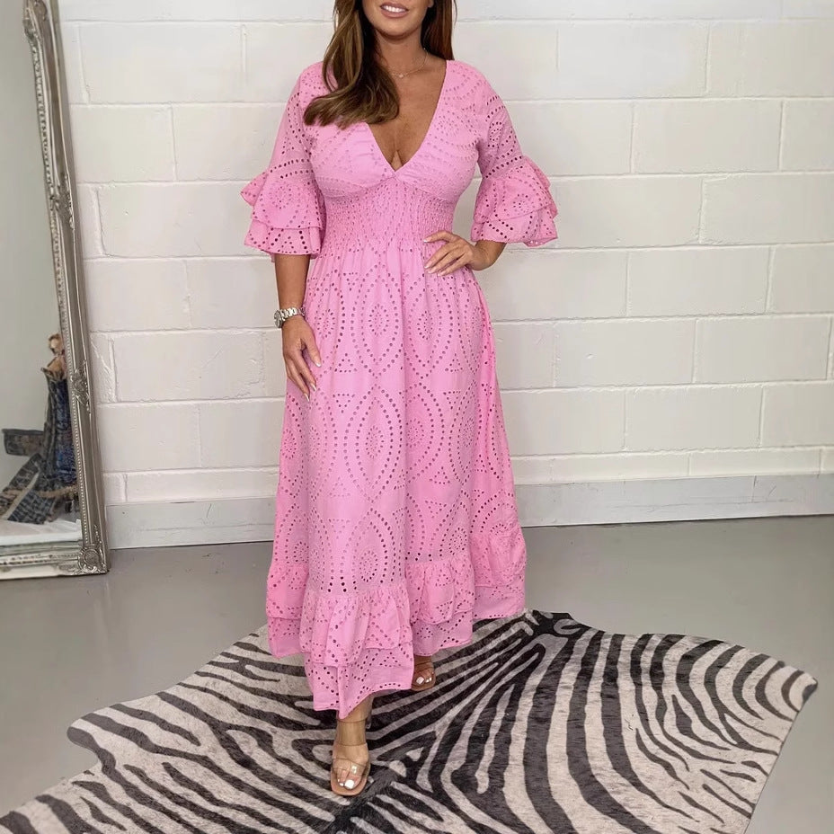 Damen Maxikleid mit floraler Lochstickerei und weiten Ärmeln EB