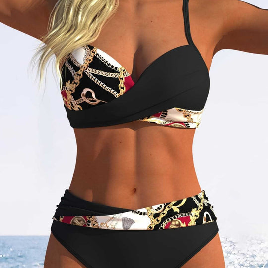 Damen Bikini-Set mit modischer Wickeloptik und schickem Kettenmuster EB