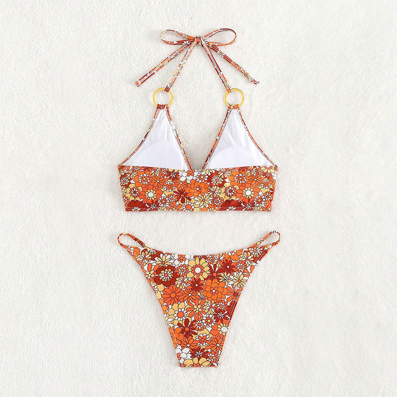 Damen Triangel-Bikini mit Ringen und floralem Design EB