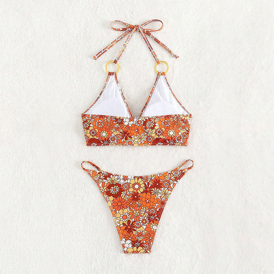 Damen Triangel-Bikini mit Ringen und floralem Design EB