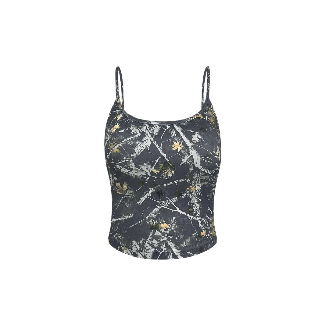 Damen Crop Top mit modischem Camouflage-Muster und feinen Spaghetti-Trägern EB