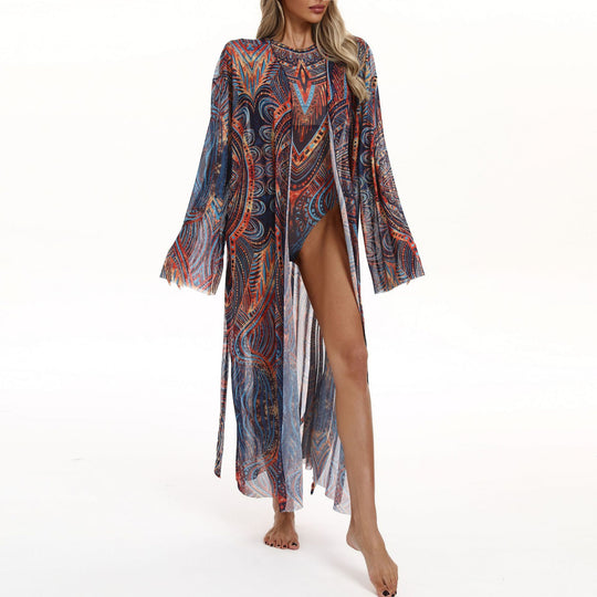 Damen Transparenter Strandkimono mit floralen Mustern EB