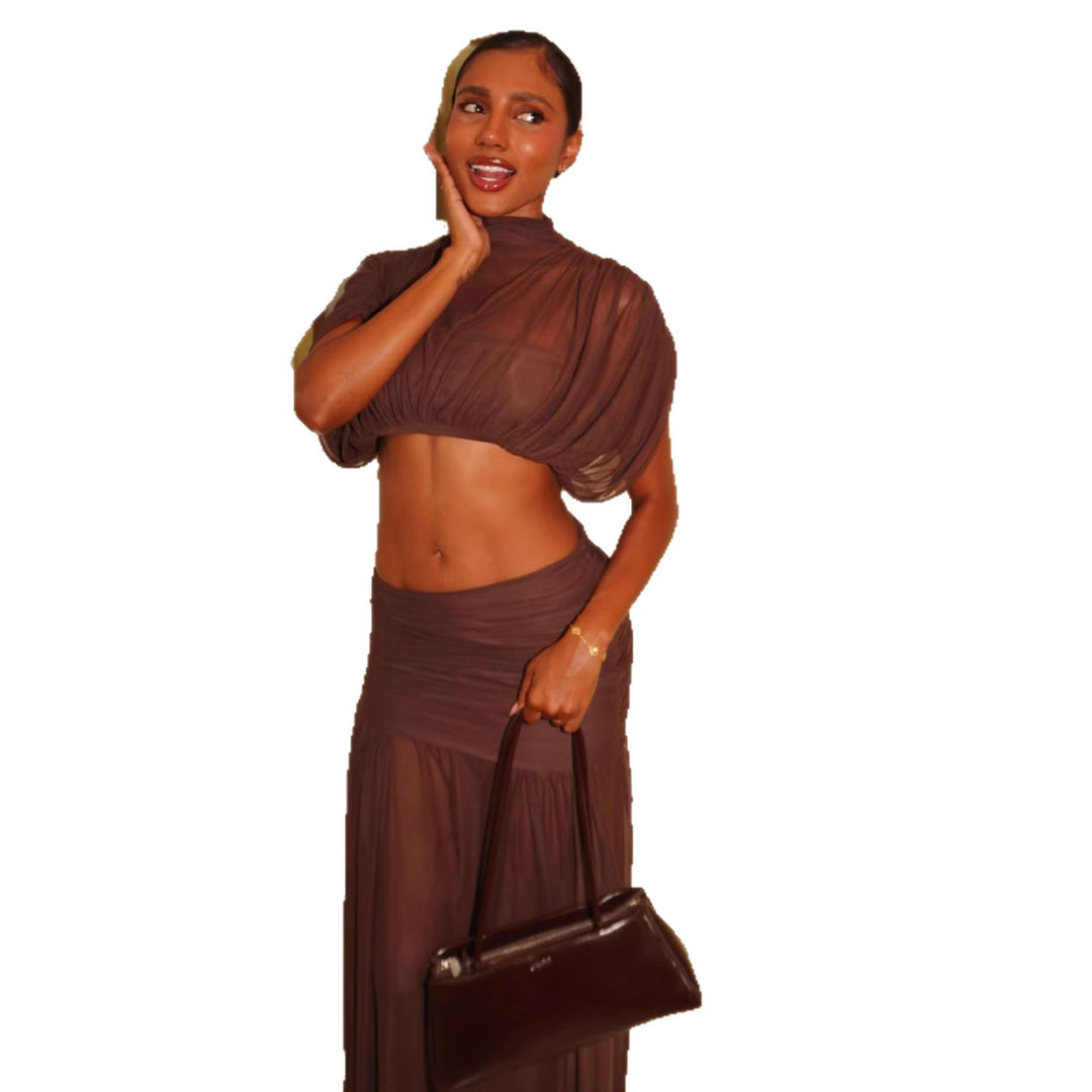 Damen Crop-Top und Maxi-Rock Set mit transparenten Elementen EB