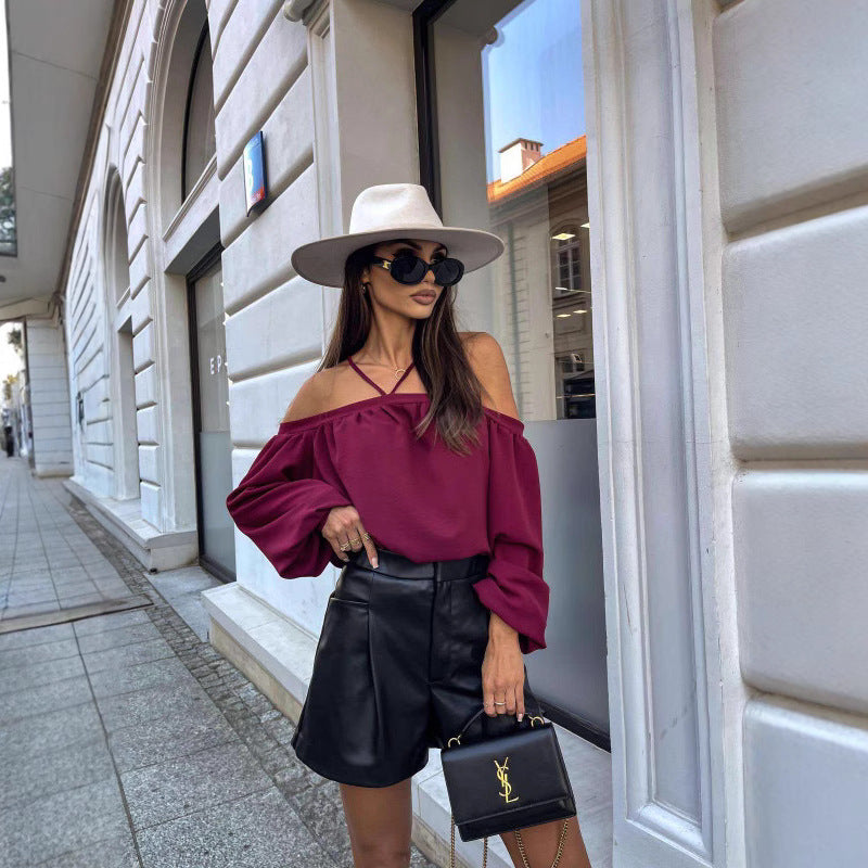 Damen Off-Shoulder Bluse mit elastischen Ärmelbündchen EB