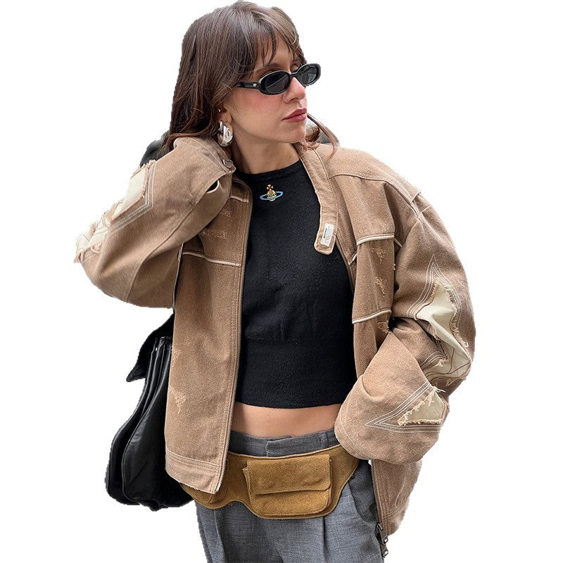 Damen Modische Jacke im Vintage-Stil mit kunstvollen Ziernähten und abgetragenem Effekt EB