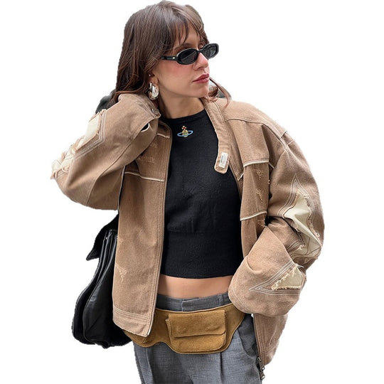 Damen Modische Jacke im Vintage-Stil mit kunstvollen Ziernähten und abgetragenem Effekt EB