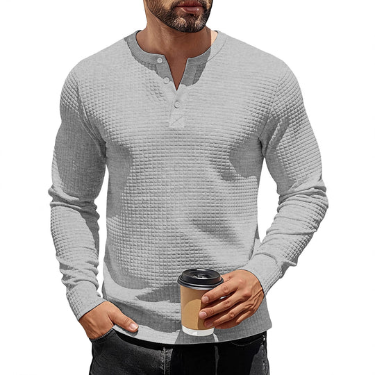 Herren nan strukturiertes Henley-Langarmshirt aus Waffelstrick mit Stehkragen und schmaler Silhouette EB