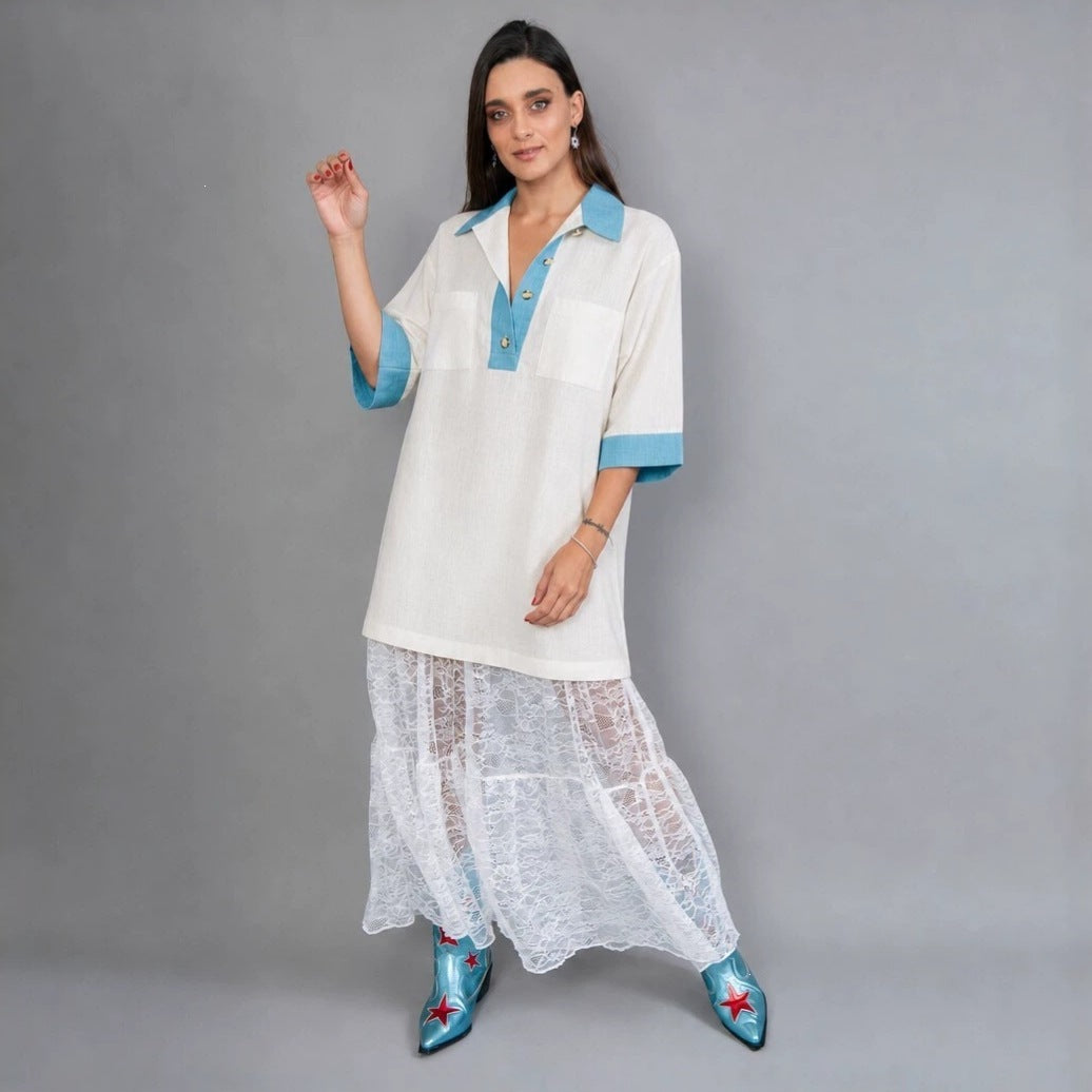 Damen oversized Polo-Tunika mit Kontrastkragen und aufgesetzten Brusttaschen Eichborn Berlin