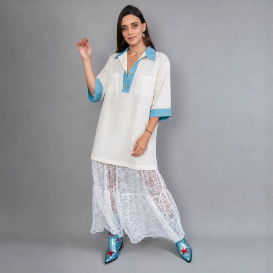 Damen oversized Polo-Tunika mit Kontrastkragen und aufgesetzten Brusttaschen Eichborn Berlin