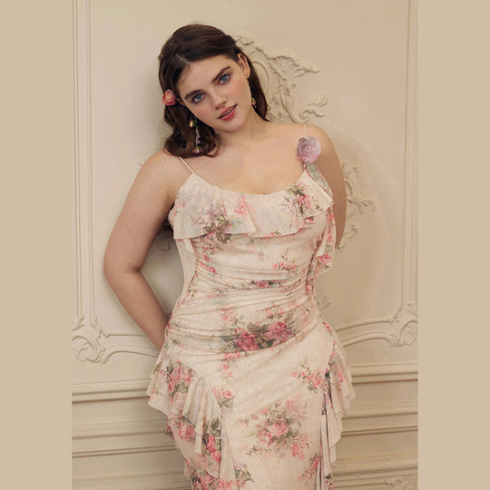 Damen Maxikleid mit floralem Rüschendesign und einem einseitigen Träger EB
