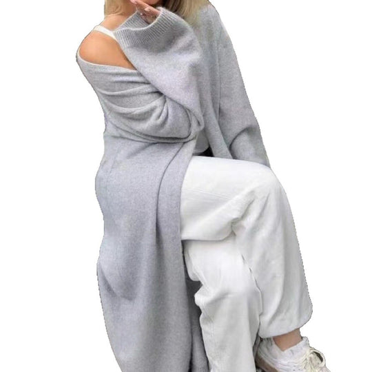 Damen Langer offener Strickmantel-Cardigan mit schulterfreiem Oversize-Schnitt und Kaschmir-Touch EB