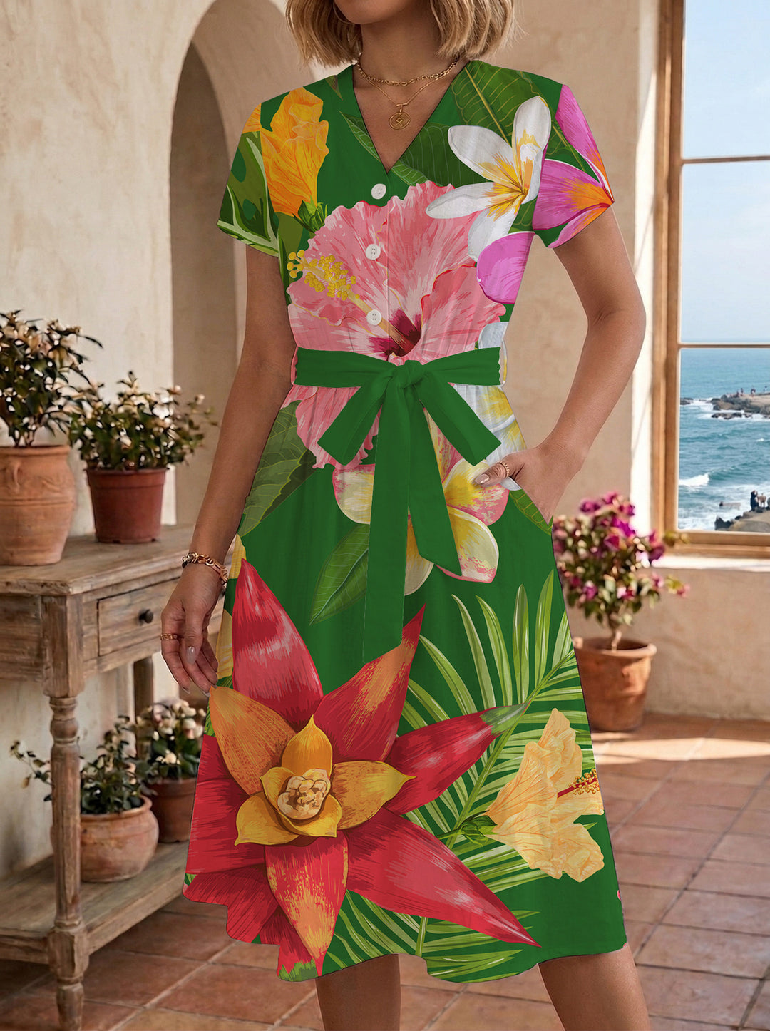 Damen Midikleid mit floralem Motiv und Taillengürtel EB
