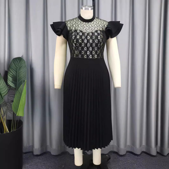 Damen Elegantes Plisseekleid mit floralem Spitzenoberteil EB