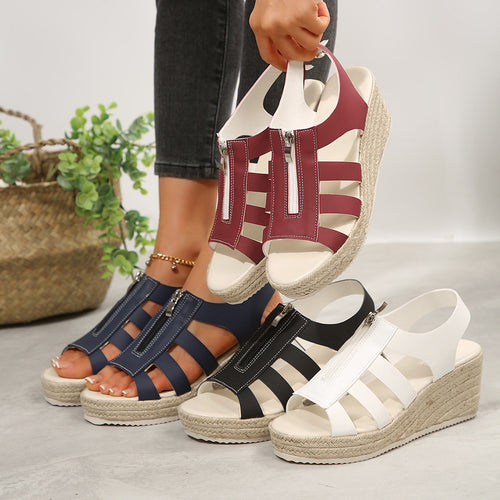 Damen Plateau-Riemchen-Sandalen mit Reißverschluss und geflochtener Sohle EB