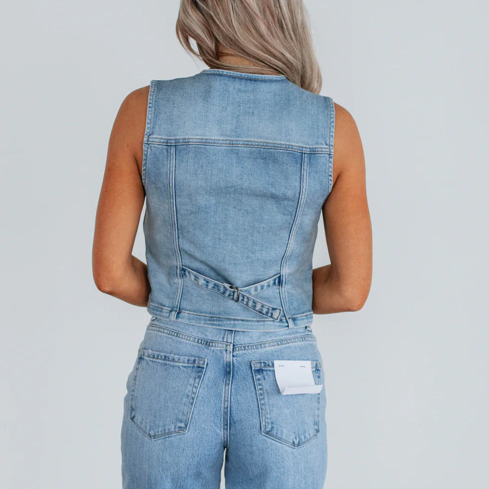 Damen Denim Weste mit Knopfleiste und modernen Schnittrahmen EB