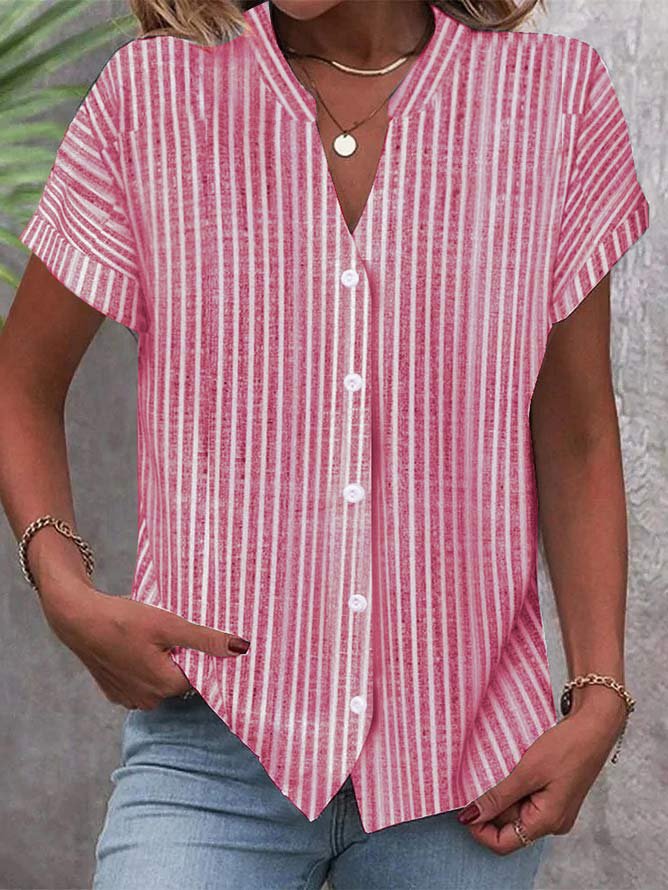 Damen Kurzarm-Bluse mit V-Ausschnitt und Streifenmuster EB