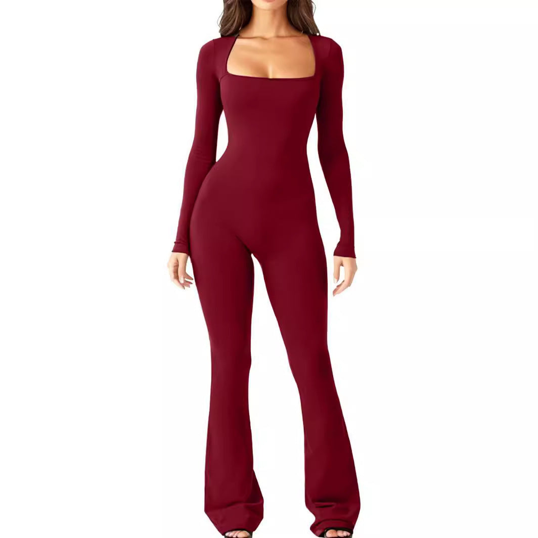Damen Eleganter Langarm-Jumpsuit mit weitem Bein und tiefem Ausschnitt EB