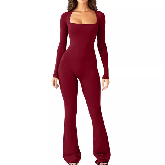 Damen Eleganter Langarm-Jumpsuit mit weitem Bein und tiefem Ausschnitt EB
