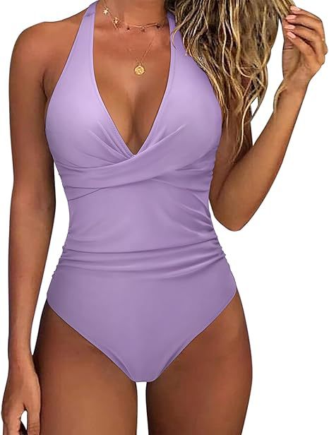 Damen Hochtaillierter Badeanzug mit tiefem V-Ausschnitt und floralem Design EB