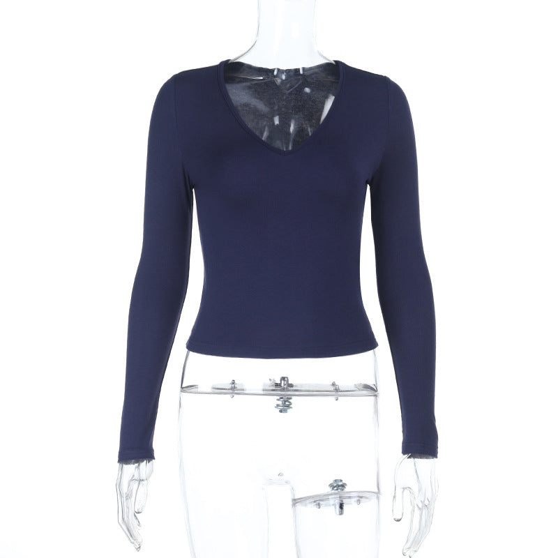 Damen Enganliegendes Langarm-Croppedshirt mit V-Ausschnitt EB