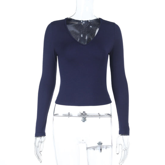 Damen Enganliegendes Langarm-Croppedshirt mit V-Ausschnitt EB