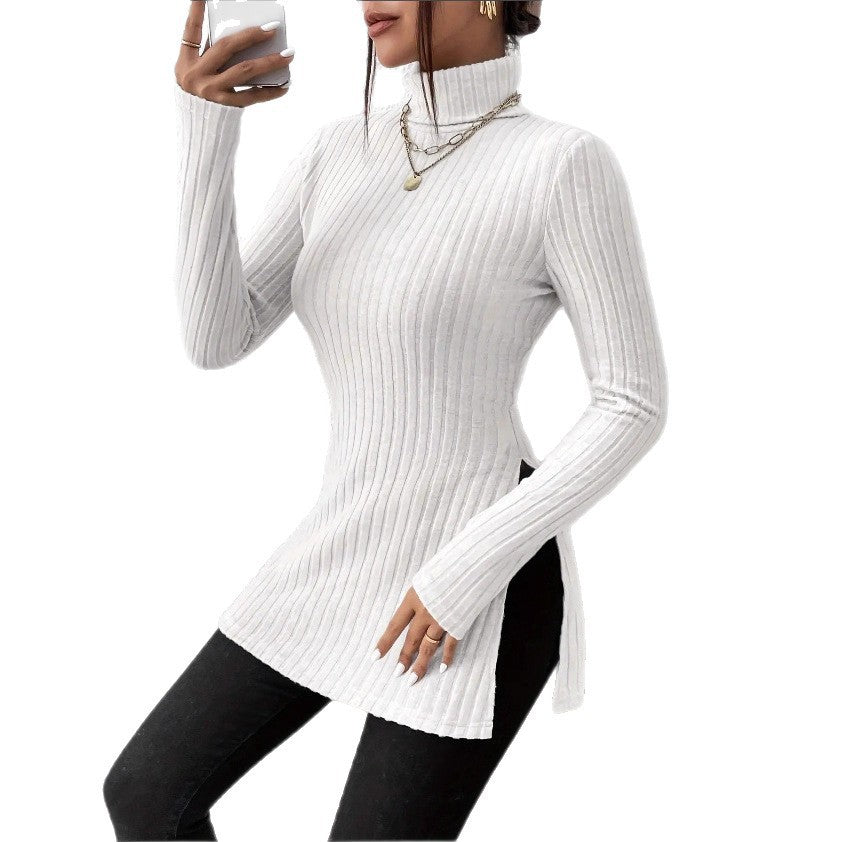Damen Langarmshirt mit hohem Kragen und feinem Rippdesign EB