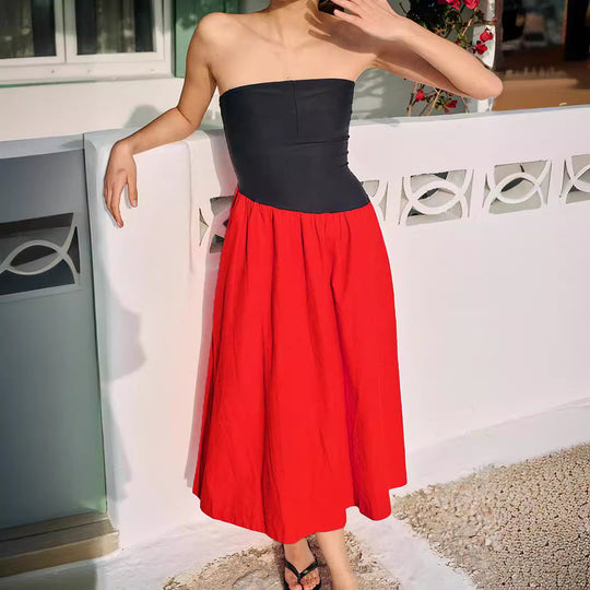 Damen ärmelloses Maxi-Kleid mit hochwertigem Oberteil und voluminösem Rock EB