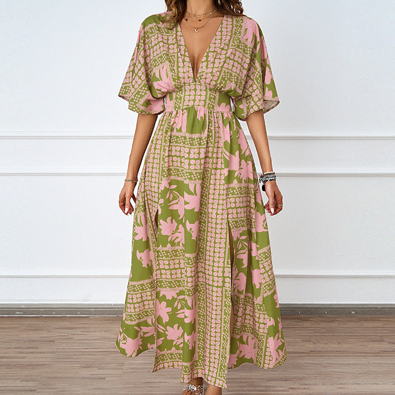 Damen Maxikleid im Boho-Stil mit tiefem V-Ausschnitt und seitlichem Schlitz EB