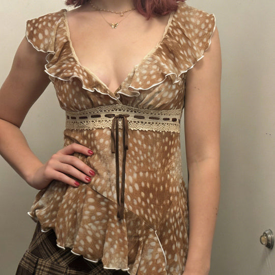Damen asymmetrisches Sommerkleid mit Rüschen und Spitzenakzenten EB