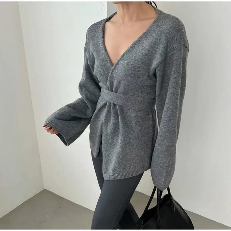 Damen Eleganter Strickmantel mit Wickeldesign EB
