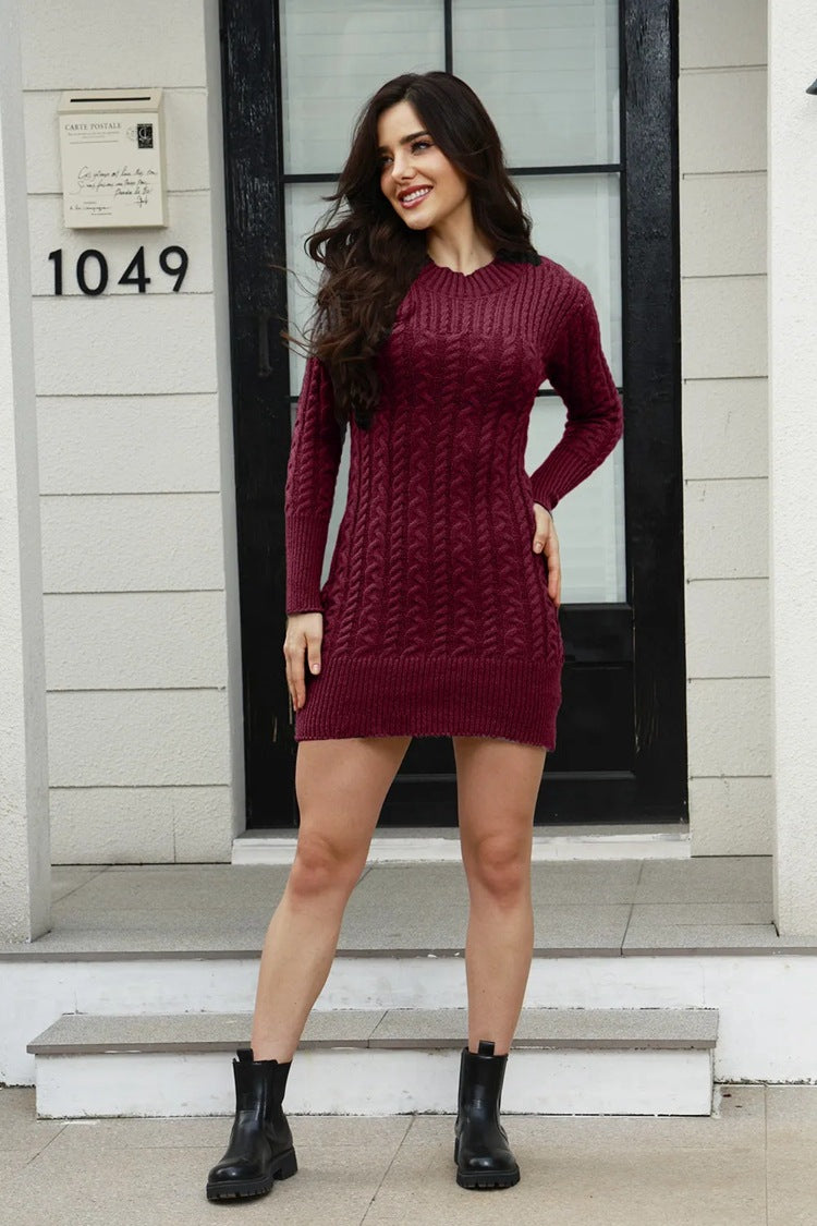 Damen Strickkleid mit strukturiertem Zopfdesign und elegantem Rundhalsausschnitt EB
