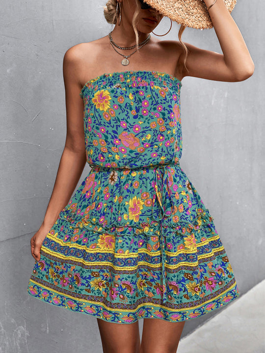 Damen Schulterfreies Minikleid mit buntem Blumenmuster und elastischem Taillenbund EB