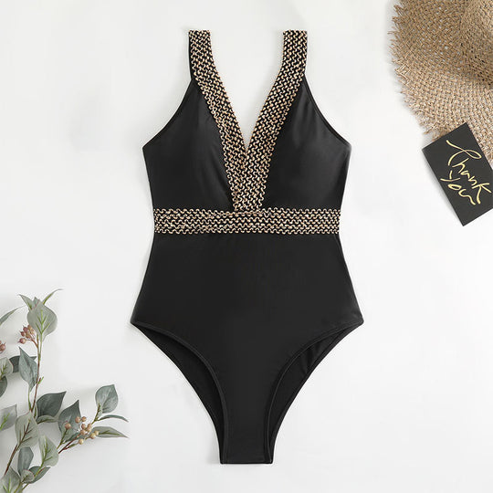 Damen Einteiler Badeanzug mit elegantem V-Ausschnitt und goldenen Details EB