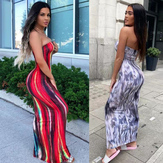 Damen Maxikleid mit modernem abstraktem Design und fließendem Schnitt EB