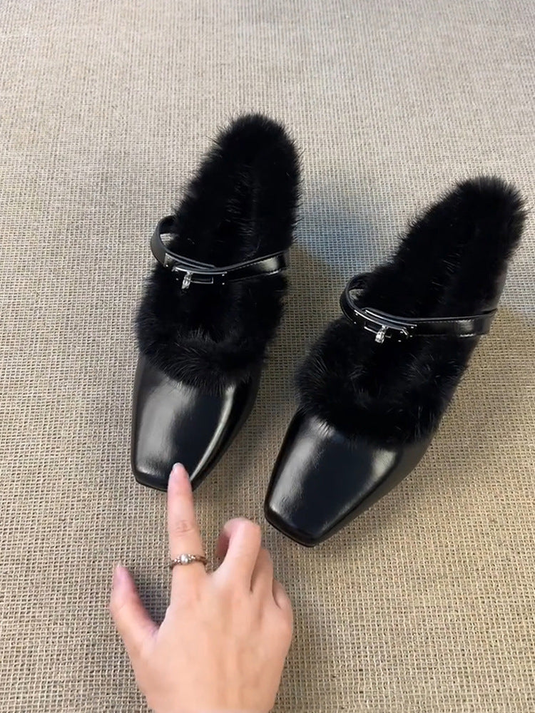 Damen elegante Pantoletten mit luxuriösem Fellbesatz EB