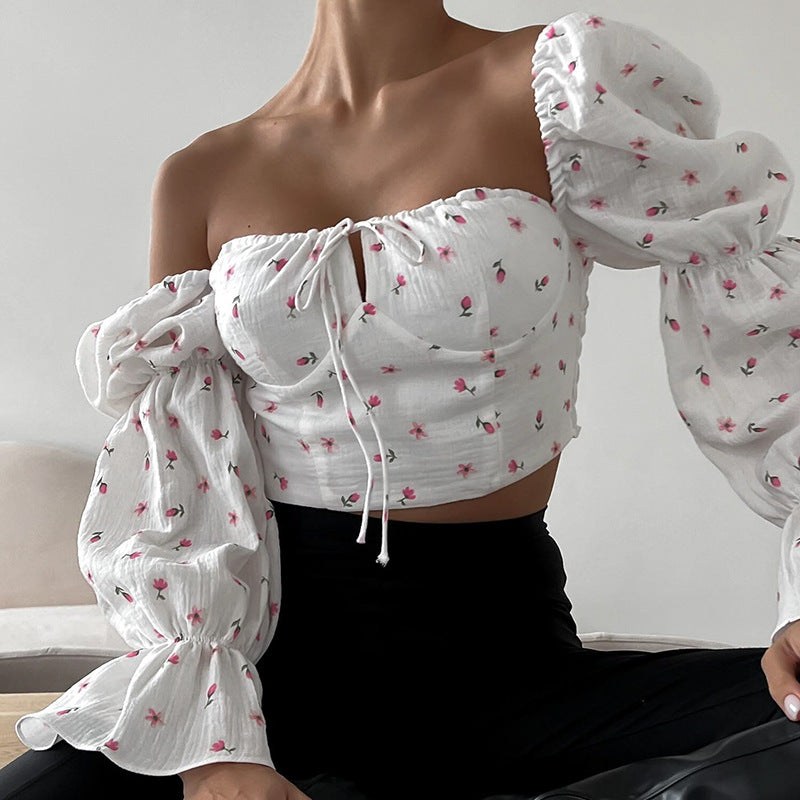 Damen Bluse mit Puffärmeln und Blumendruck EB