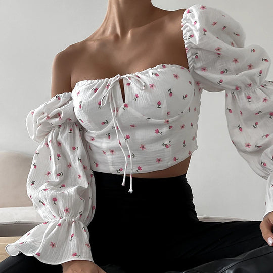 Damen Bluse mit Puffärmeln und Blumendruck EB