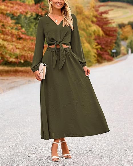Damen Binde-Kleid mit langen Ärmeln und Rundhalsausschnitt EB