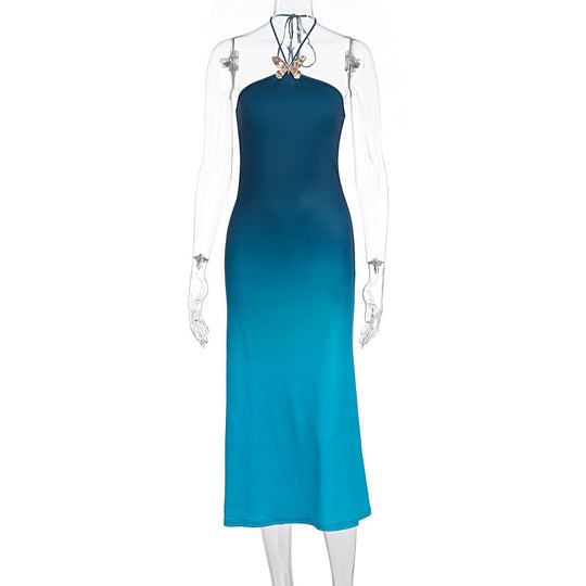 Damen lässiges Maxikleid mit elegantem Halterneck und einzigartigem Farbverlauf EB